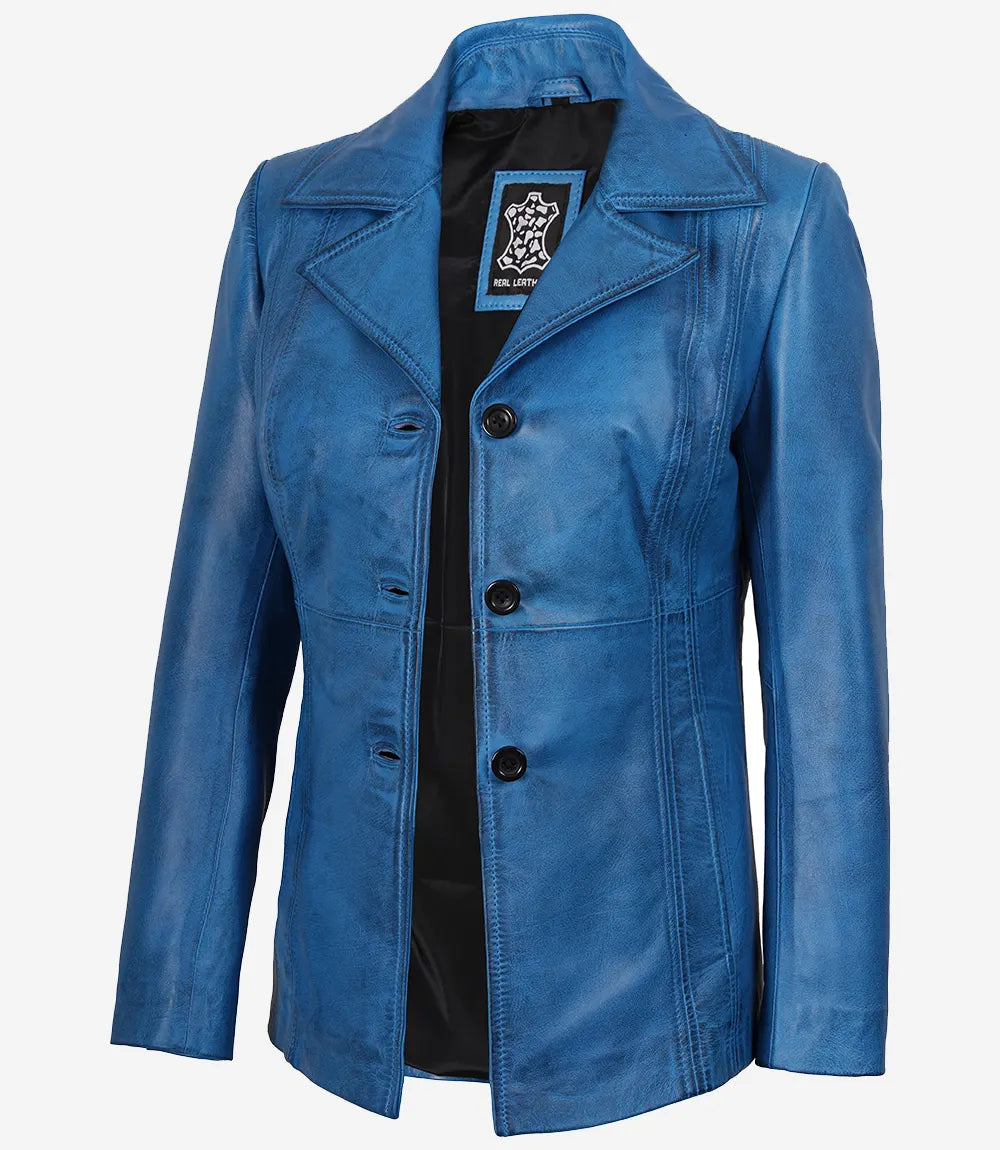 Womens Blue Waxed Leather Coat - Three Button