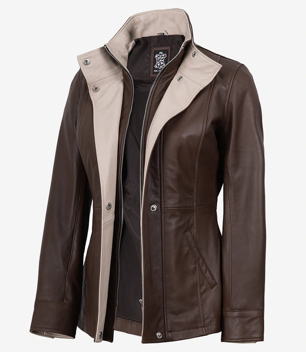 Womens High-Collar Dark Brown Leather Jacket With Beige Details