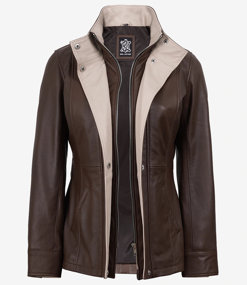 Womens High-Collar Dark Brown Leather Jacket With Beige Details