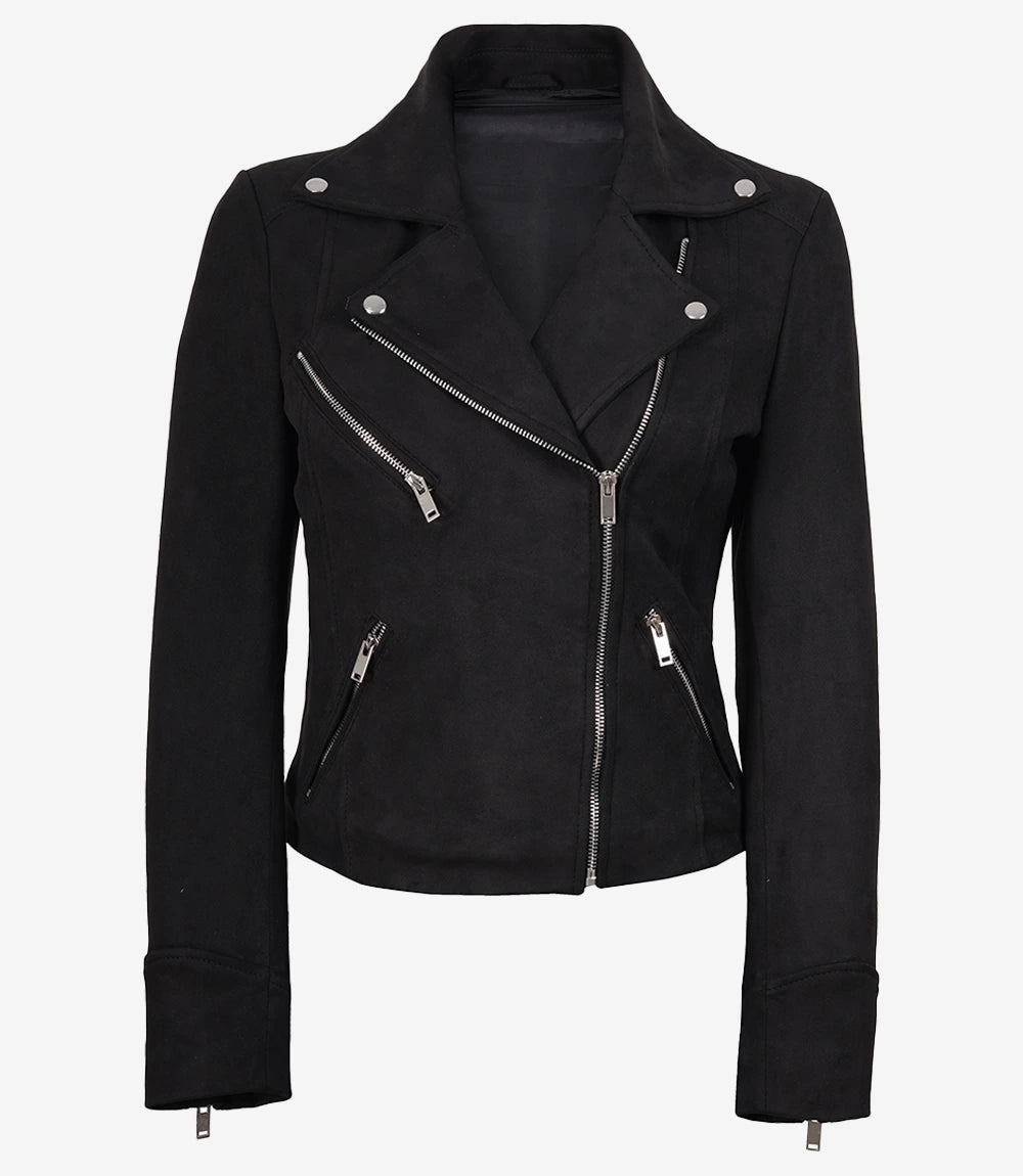 Women's Black Faux Suede Biker Jacket – Asymmetrical Zip