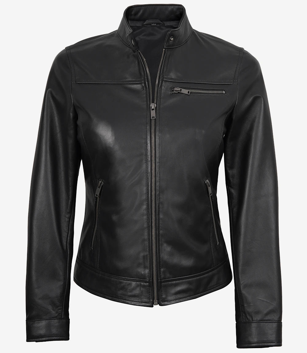 Womens Black Lambskin Biker Style Leather Jacket