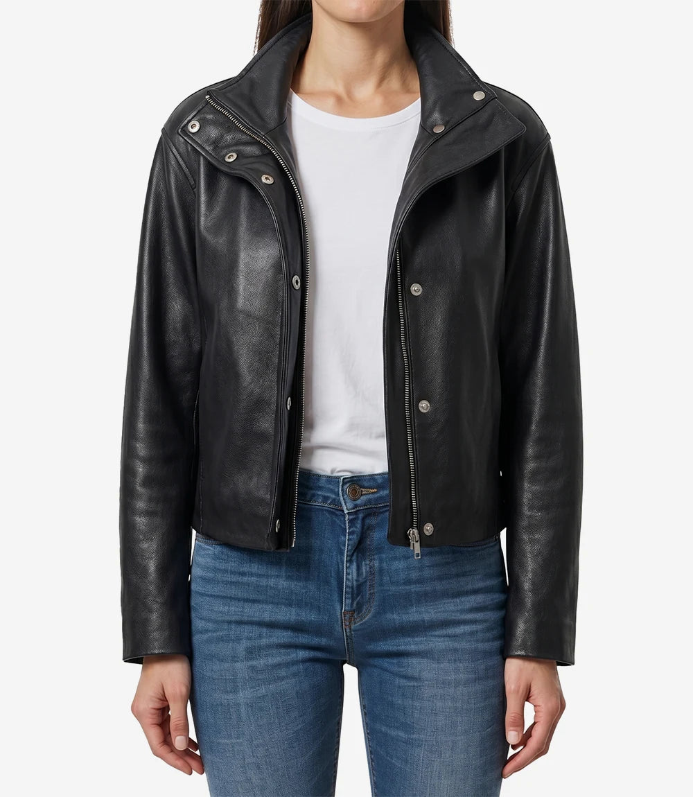 Women's Drop-Shoulder Black Lambskin Leather Funnel Neck Jacket