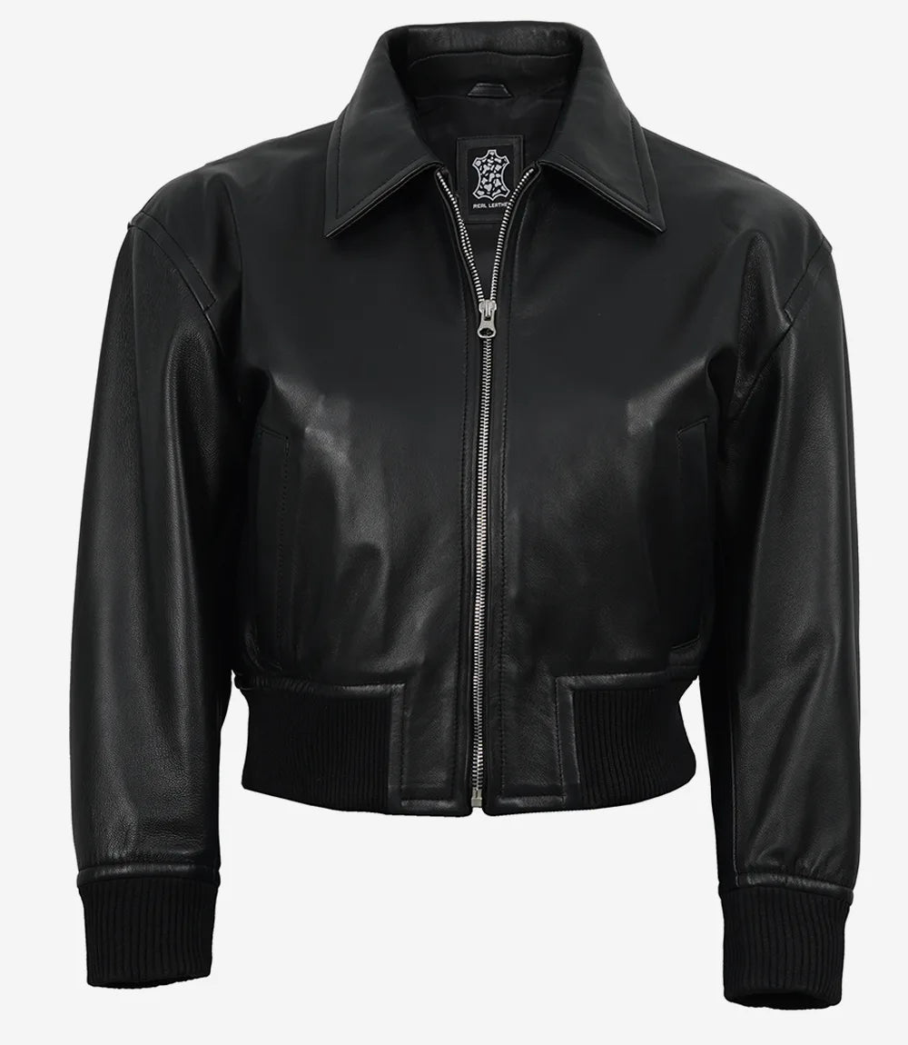 Women's Black Leather Bomber Jacket - Cropped Drop Shoulder Style