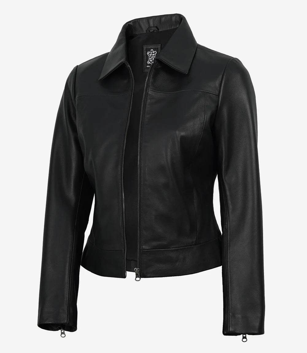 Women's Black Leather Harrington Jacket