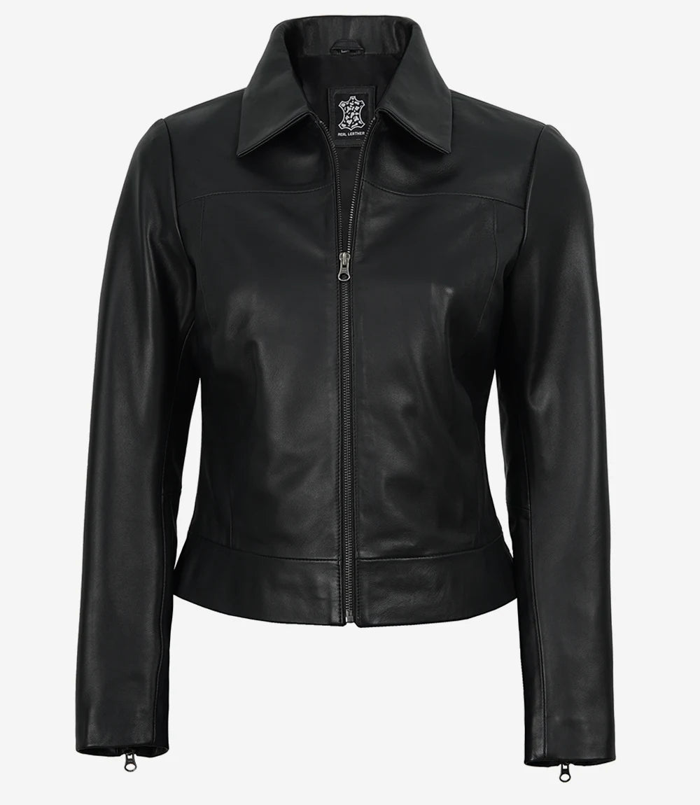Women's Black Leather Harrington Jacket