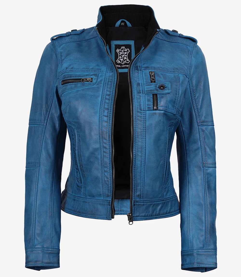 Women's Blue Waxed Lambskin Leather Biker Style Jacket