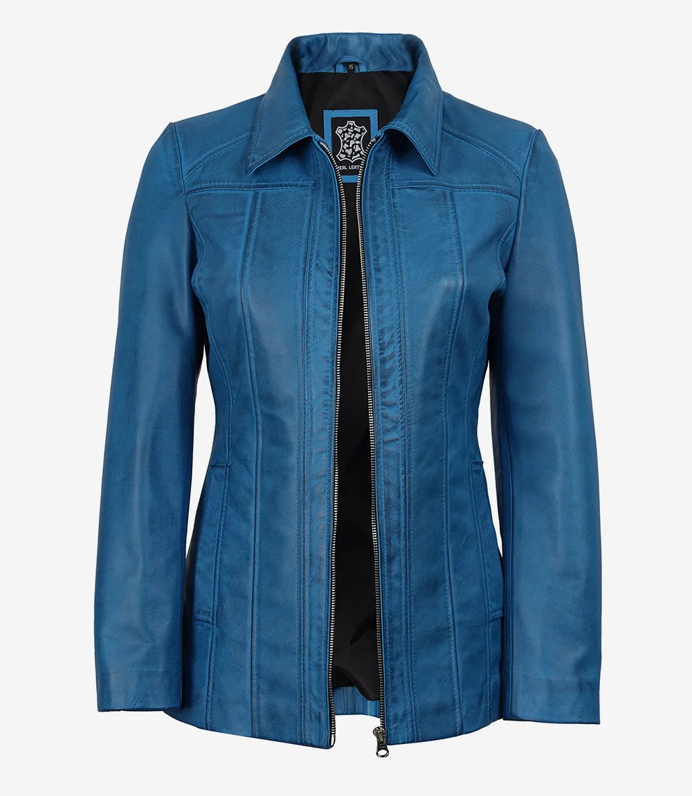 Marsha Women’s Blue Leather Long Jacket – Shirt Collar