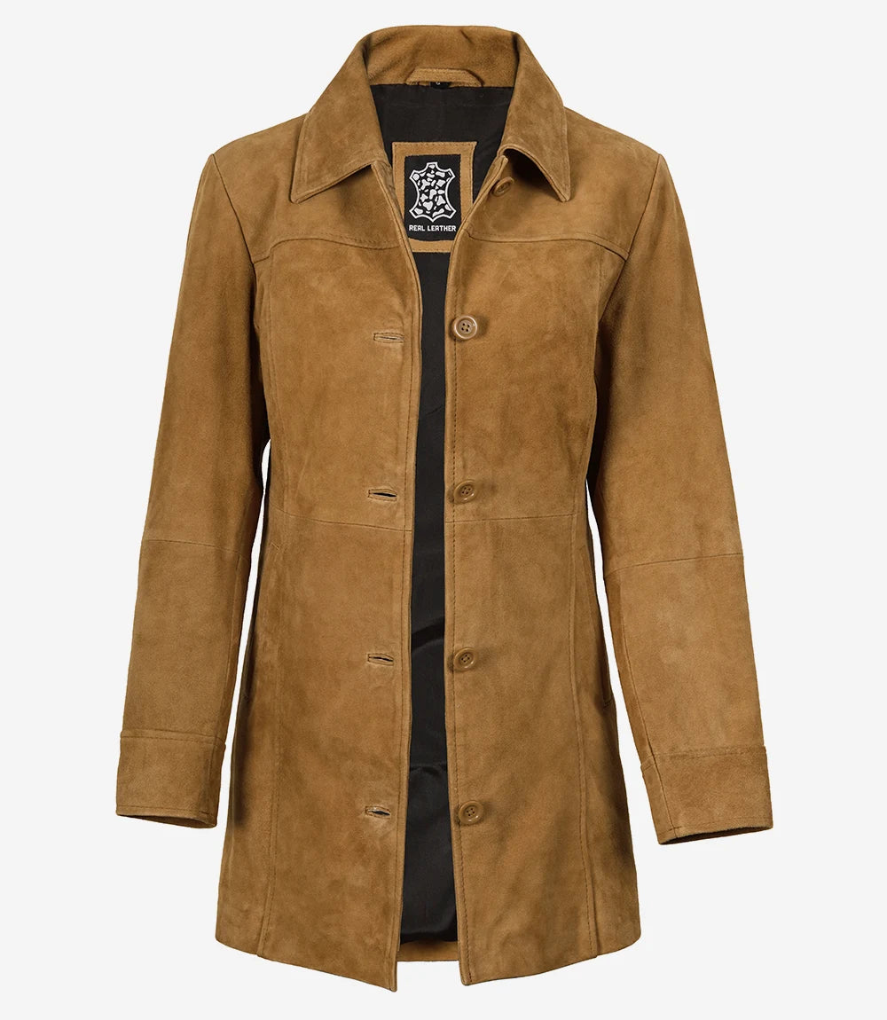 Women's 3/4 Length Button Down Brown Suede Coat