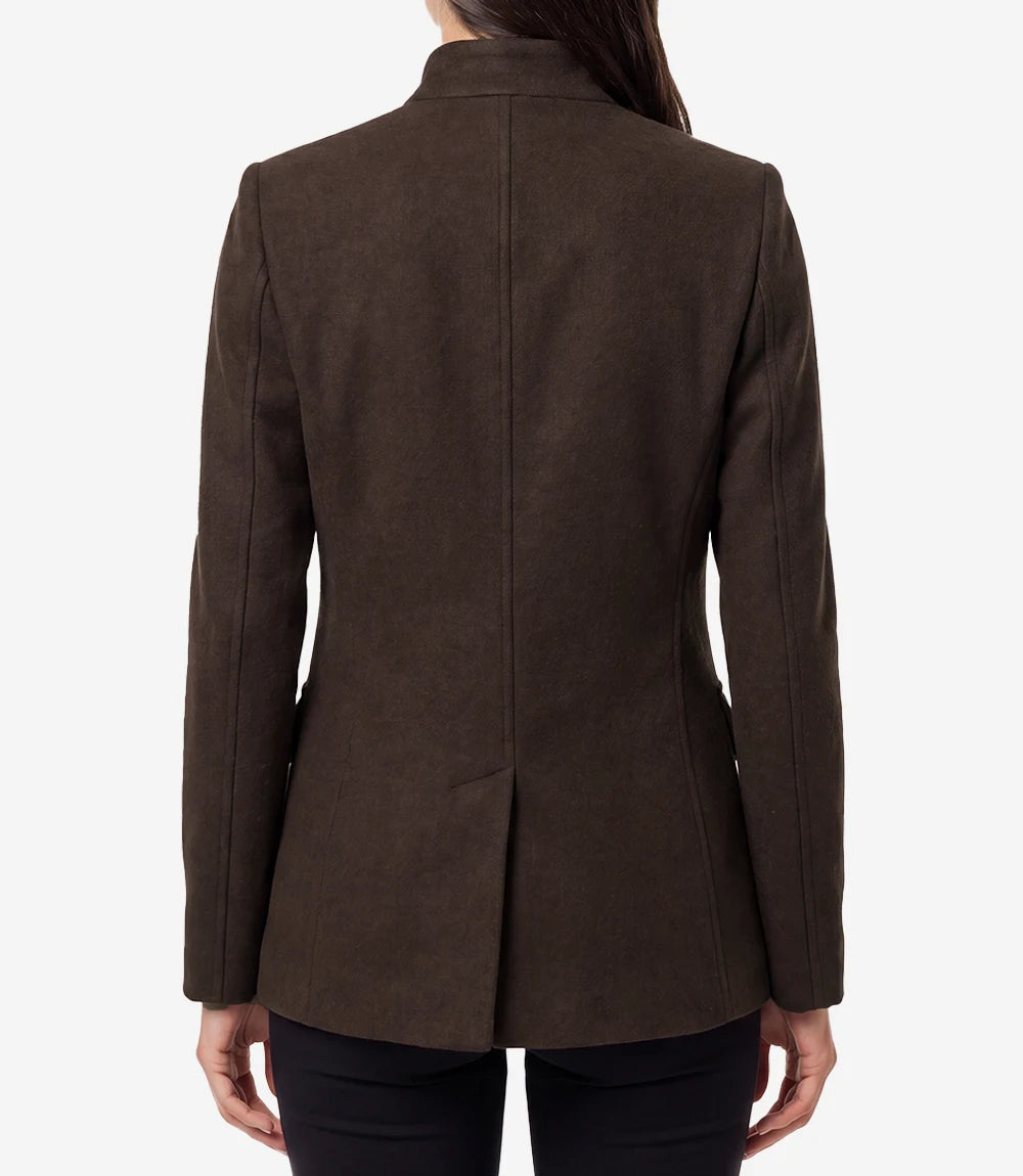 Women's Brown Wool Military Jacket – Mandarin Collar
