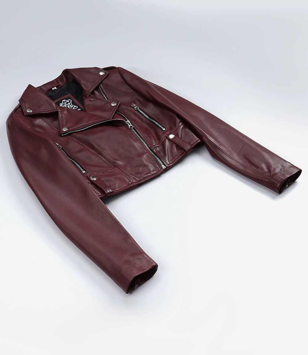 Womens Burgundy Waxed Biker Style Cropped Leather Jacket
