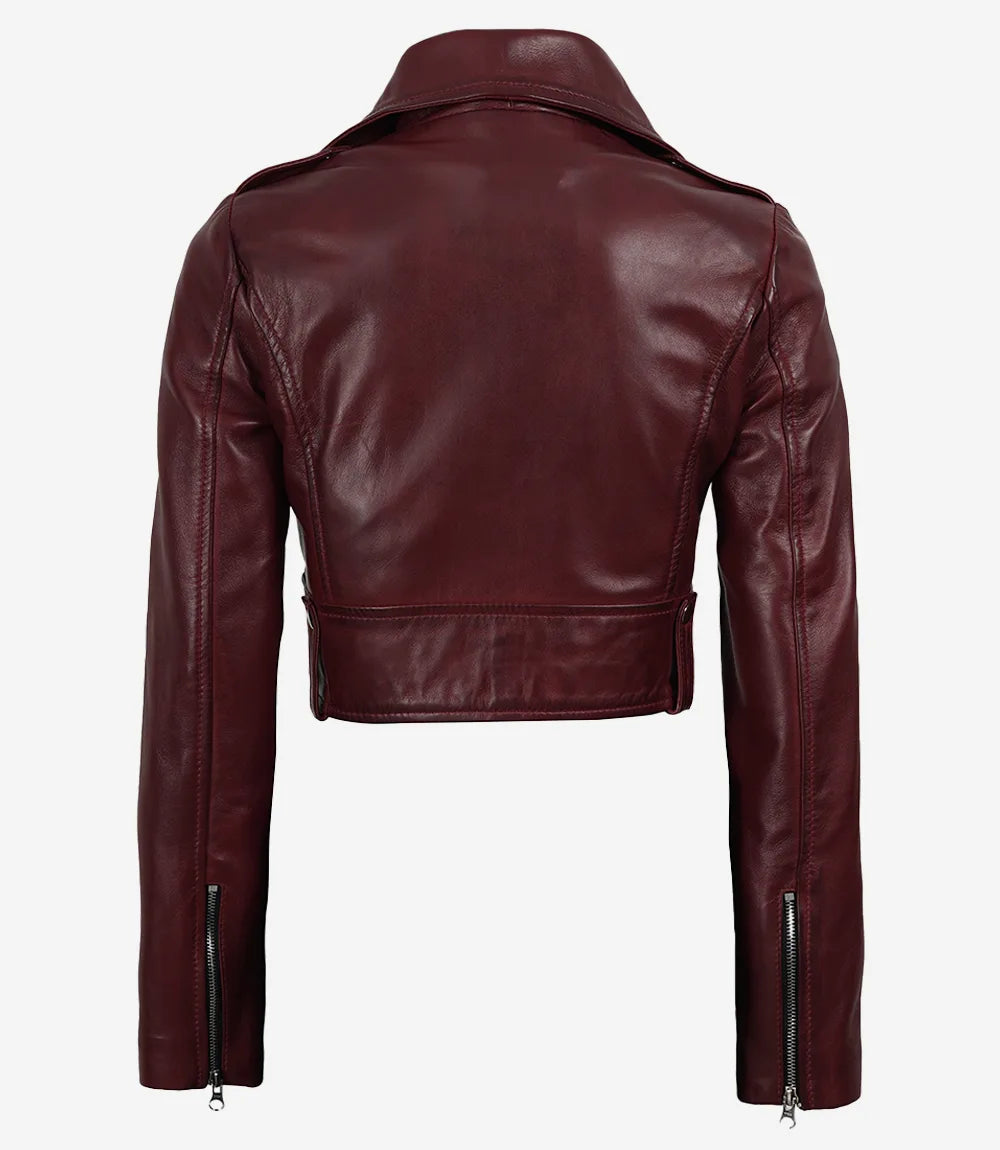 Womens Burgundy Waxed Biker Style Cropped Leather Jacket