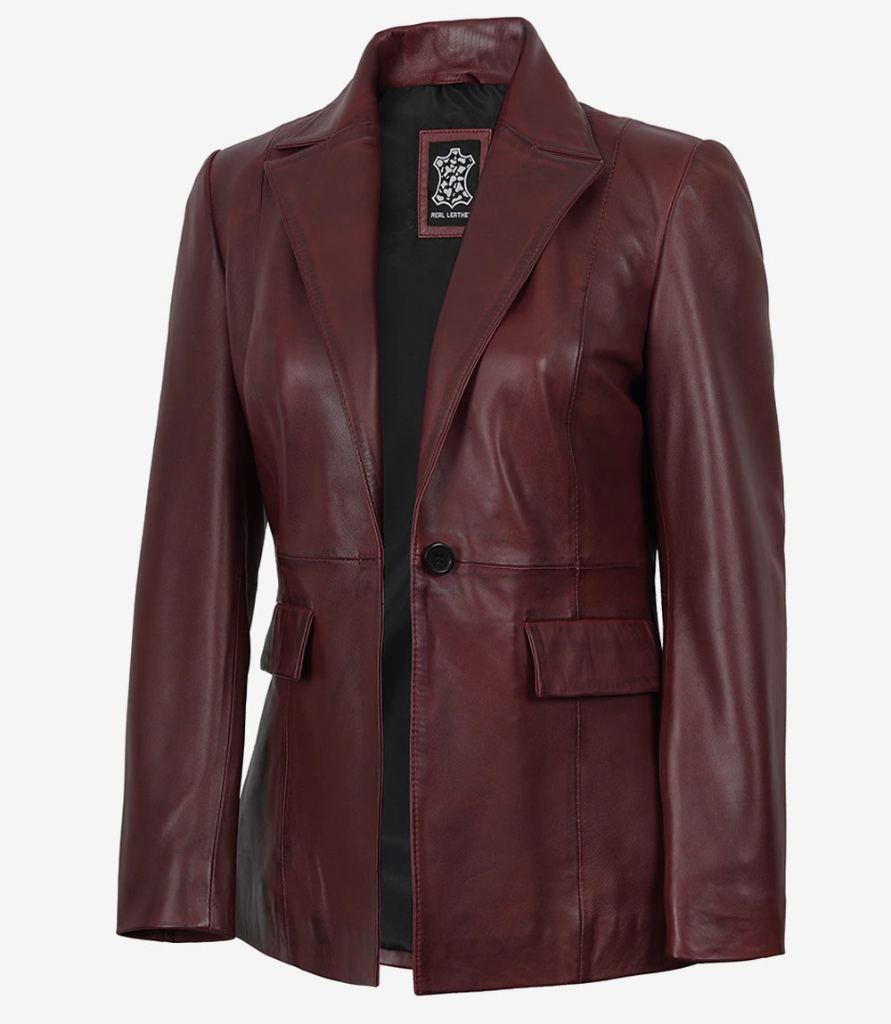 Women’s Single-Button Burgundy Waxed Lambskin Leather Blazer