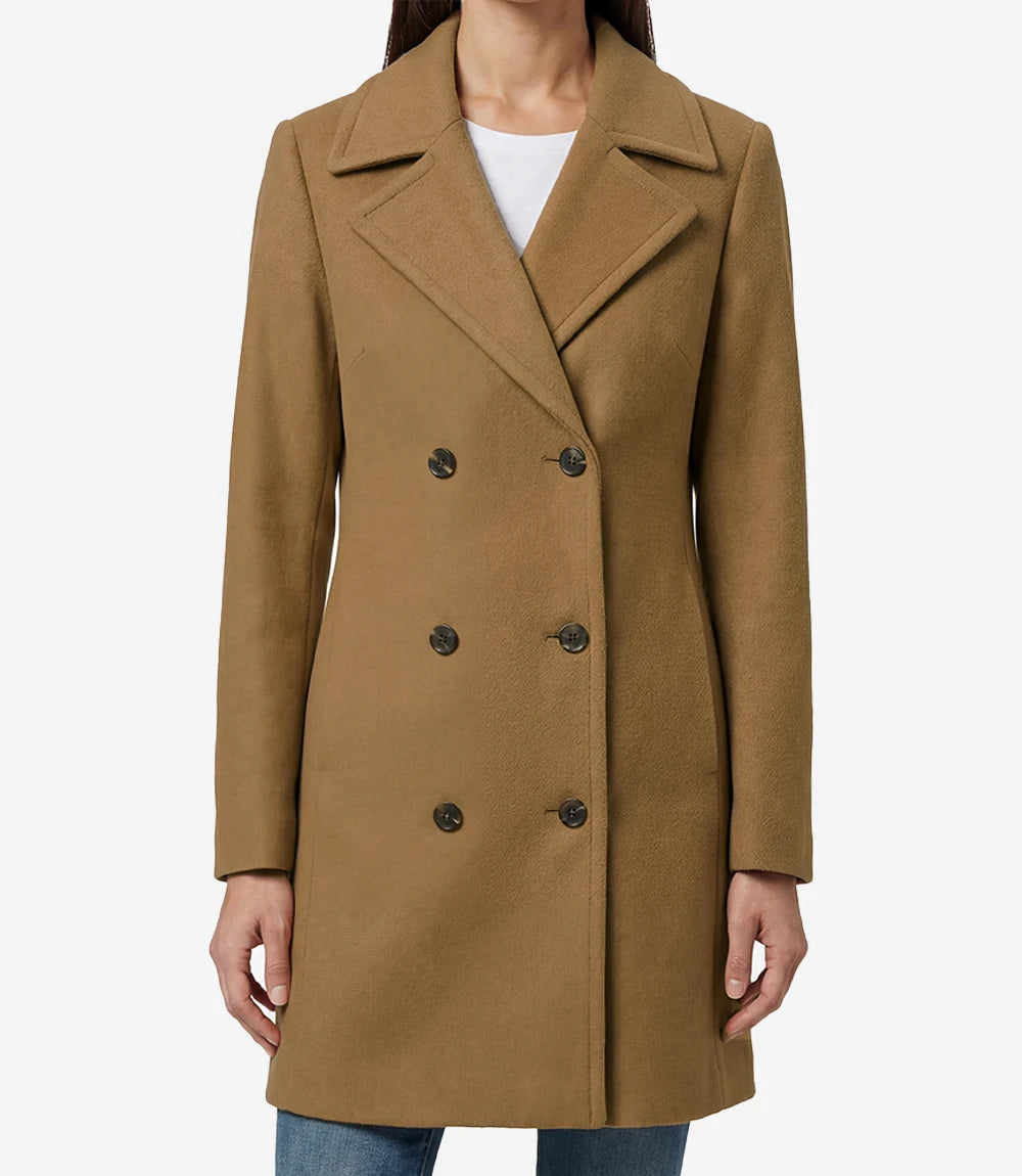 Womens 3/4 Length Camel Brown Double Breasted Wool Coat