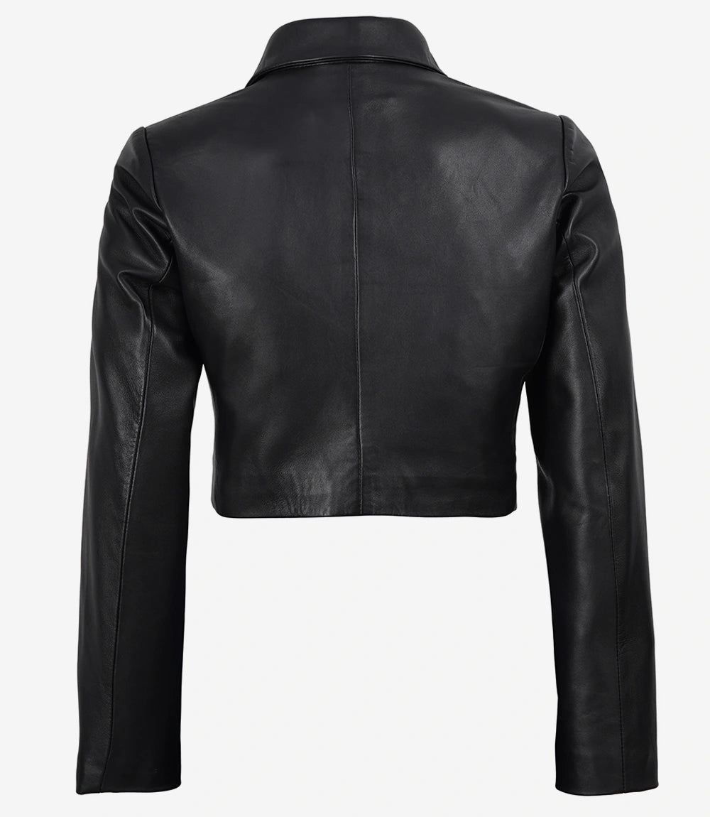 Women's Black Lambskin Double-Breasted Cropped Blazer