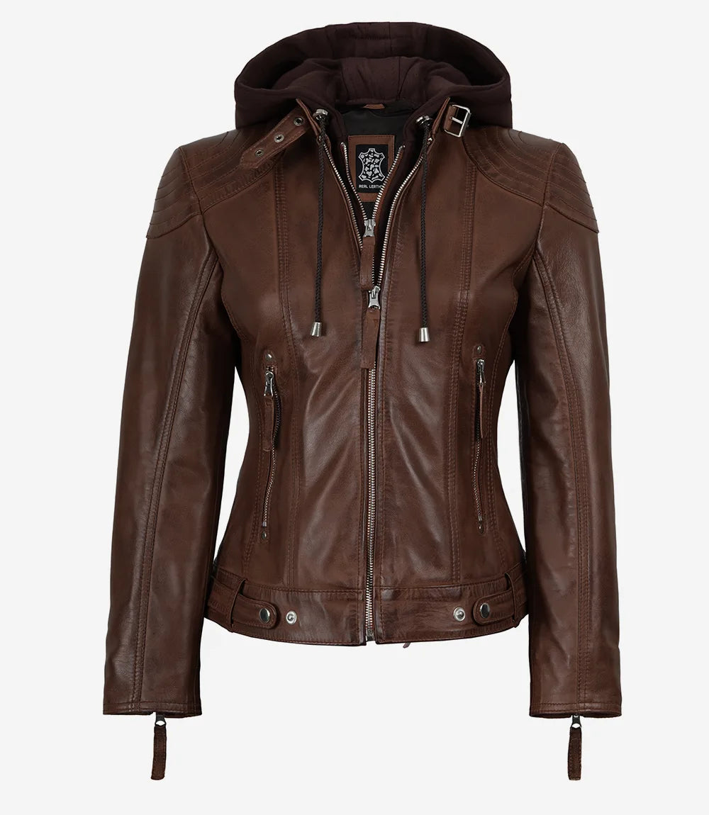 Women’s Cognac Brown Lambskin Hooded Leather Jacket (2-in-1 Style)