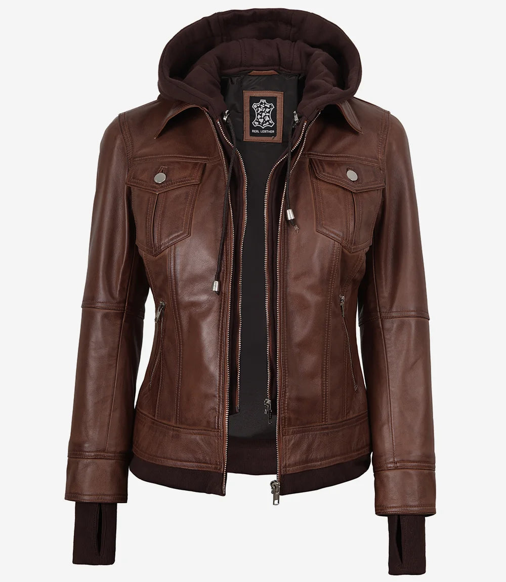 Women's Cognac Wax Bomber Leather Jacket With Removable Hood