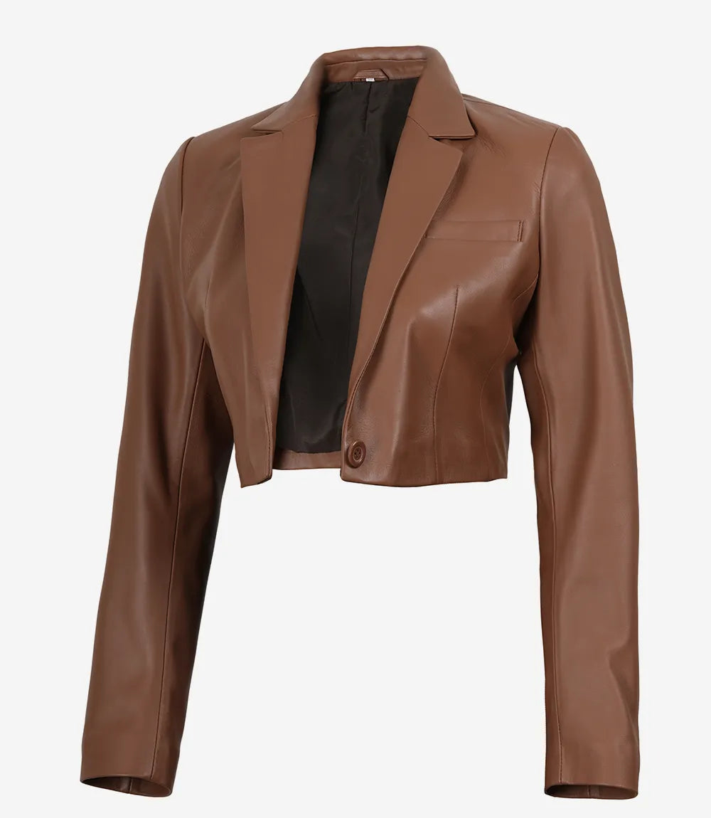 Women's Cognac Leather Single Button Cropped Blazer