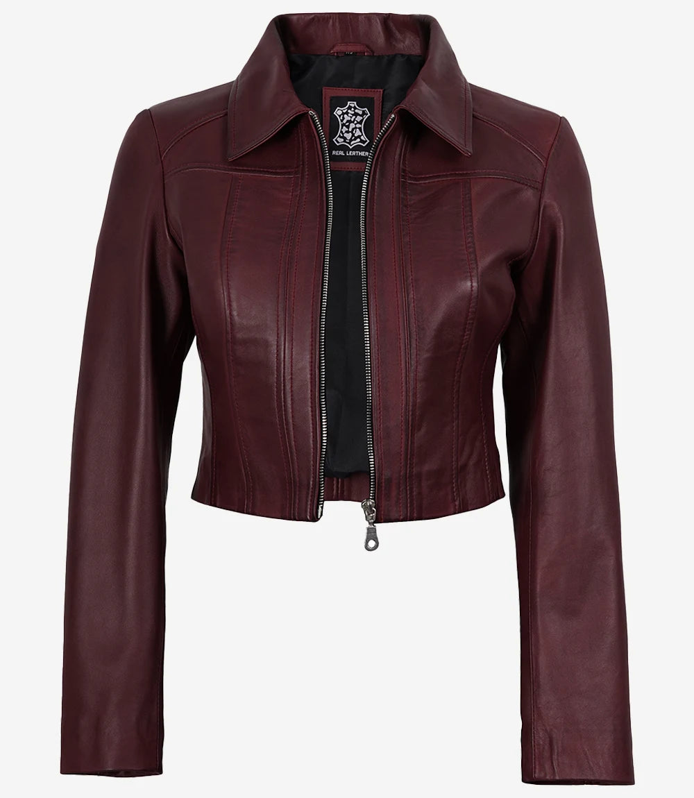 Women's Maroon Waxed Leather Cropped Jacket