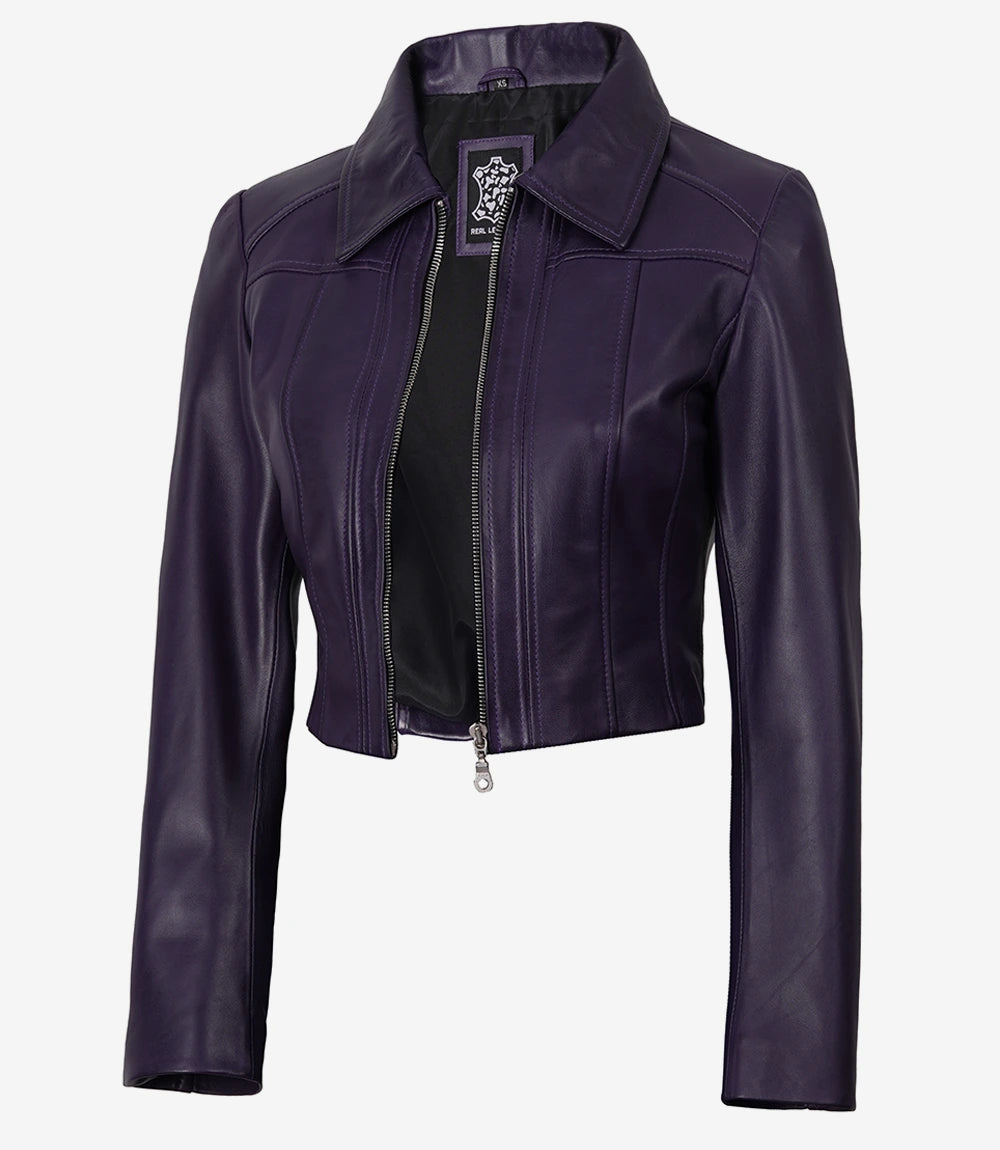 Women's Cropped Purple Leather Jacket