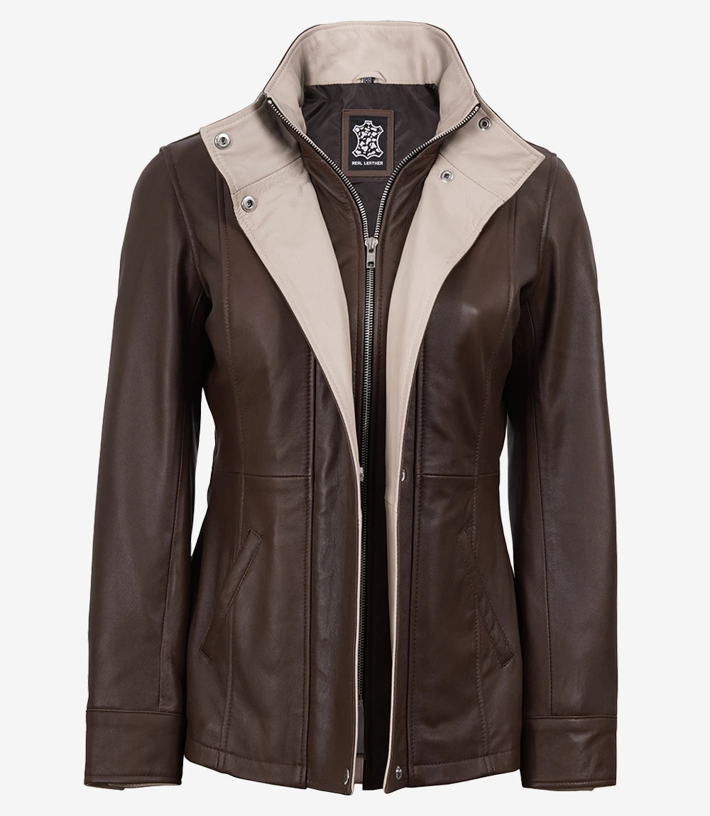 Womens High-Collar Dark Brown Leather Jacket With Beige Details