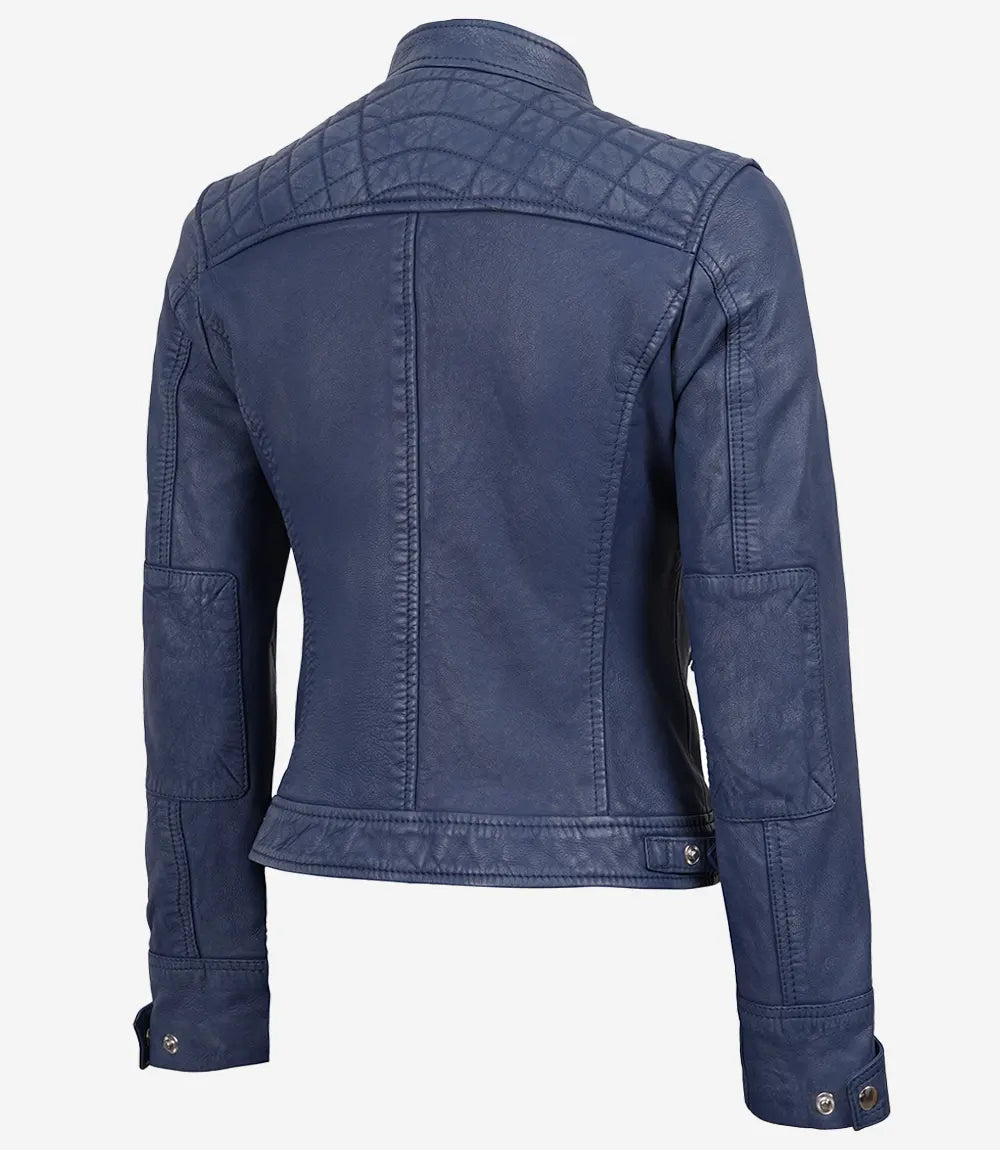 Women's Washed Blue Leather Biker Style Jacket