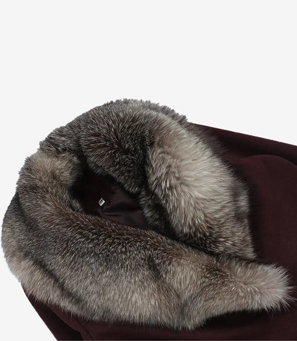 Women's Burgundy Wool Coat – Faux Fur Shawl Collar