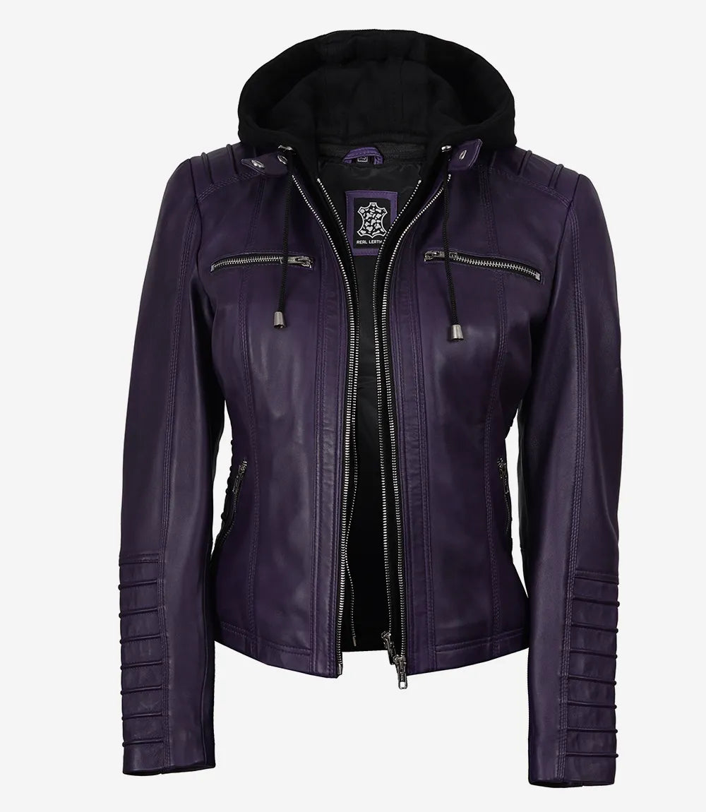 Women's Purple Real Leather Biker Jacket – Removable Hood
