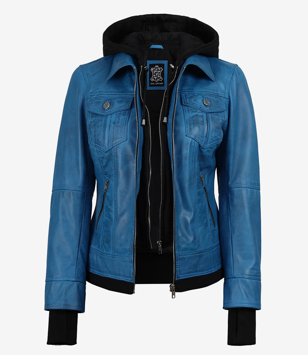 Women’s Blue Waxed Real Leather Jacket with Removable Hood