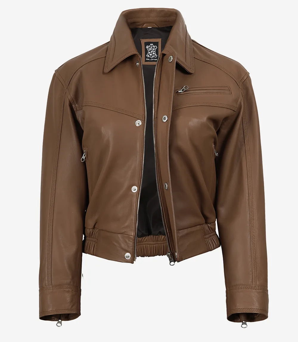 Women's Premium Leather Light Brown Bomber Jacket