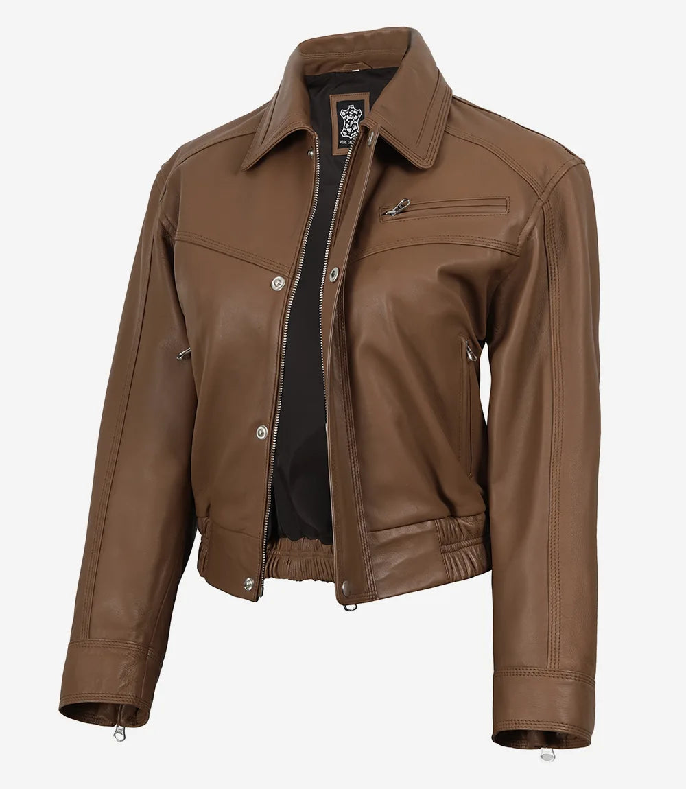 Women's Premium Leather Light Brown Bomber Jacket
