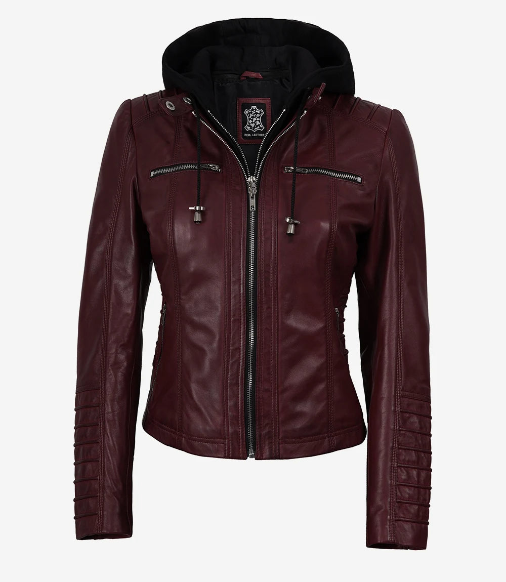 Women's Maroon Waxed Leather Hooded Biker Jacket
