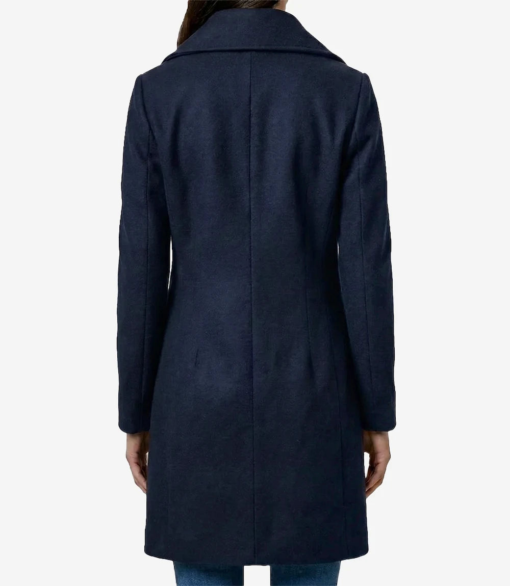 Womens 3/4 Length Navy Blue Double Breasted Wool Coat