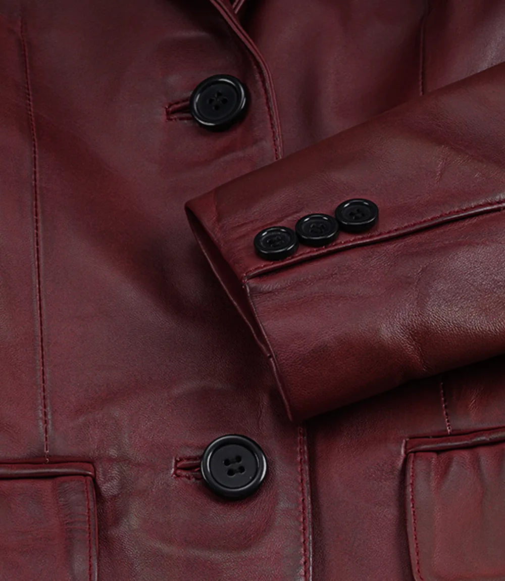 Women's Maroon Waxed Leather Two-Button Blazer Jacket