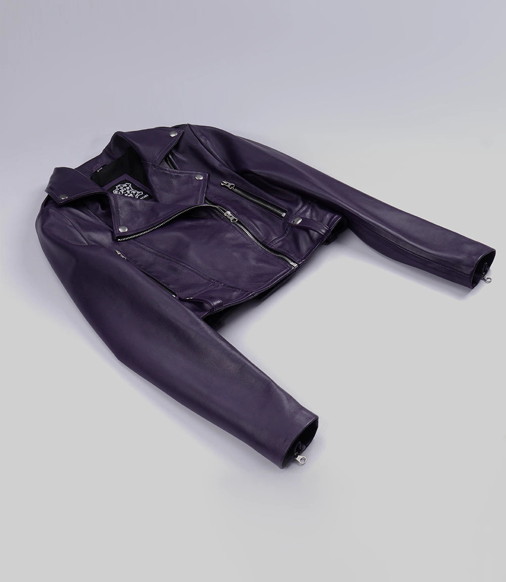 Women's Purple Lambskin Leather Cropped Biker Jacket – Asymmetric Zip