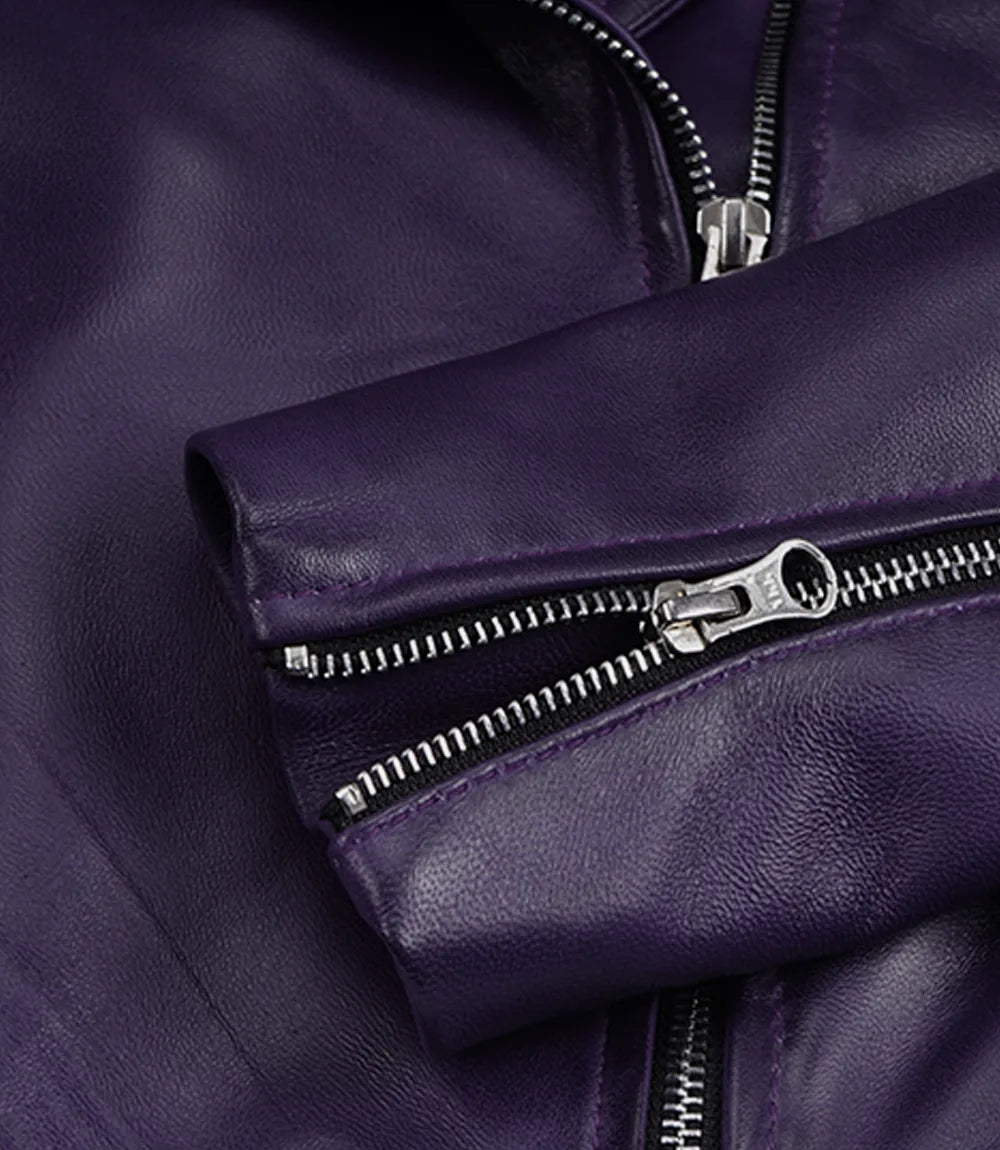 Women's Purple Lambskin Leather Cropped Biker Jacket – Asymmetric Zip