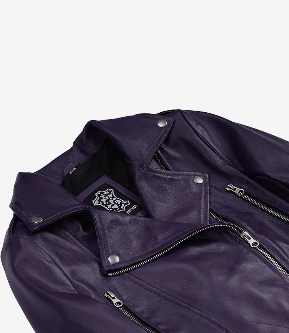 Women's Purple Lambskin Leather Cropped Biker Jacket – Asymmetric Zip