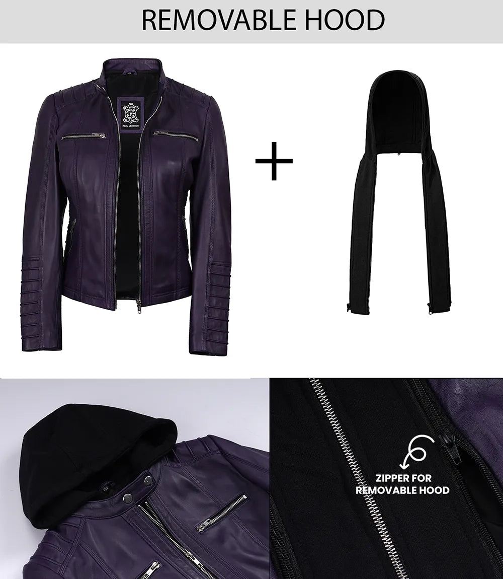 Women's Purple Real Leather Biker Jacket – Removable Hood