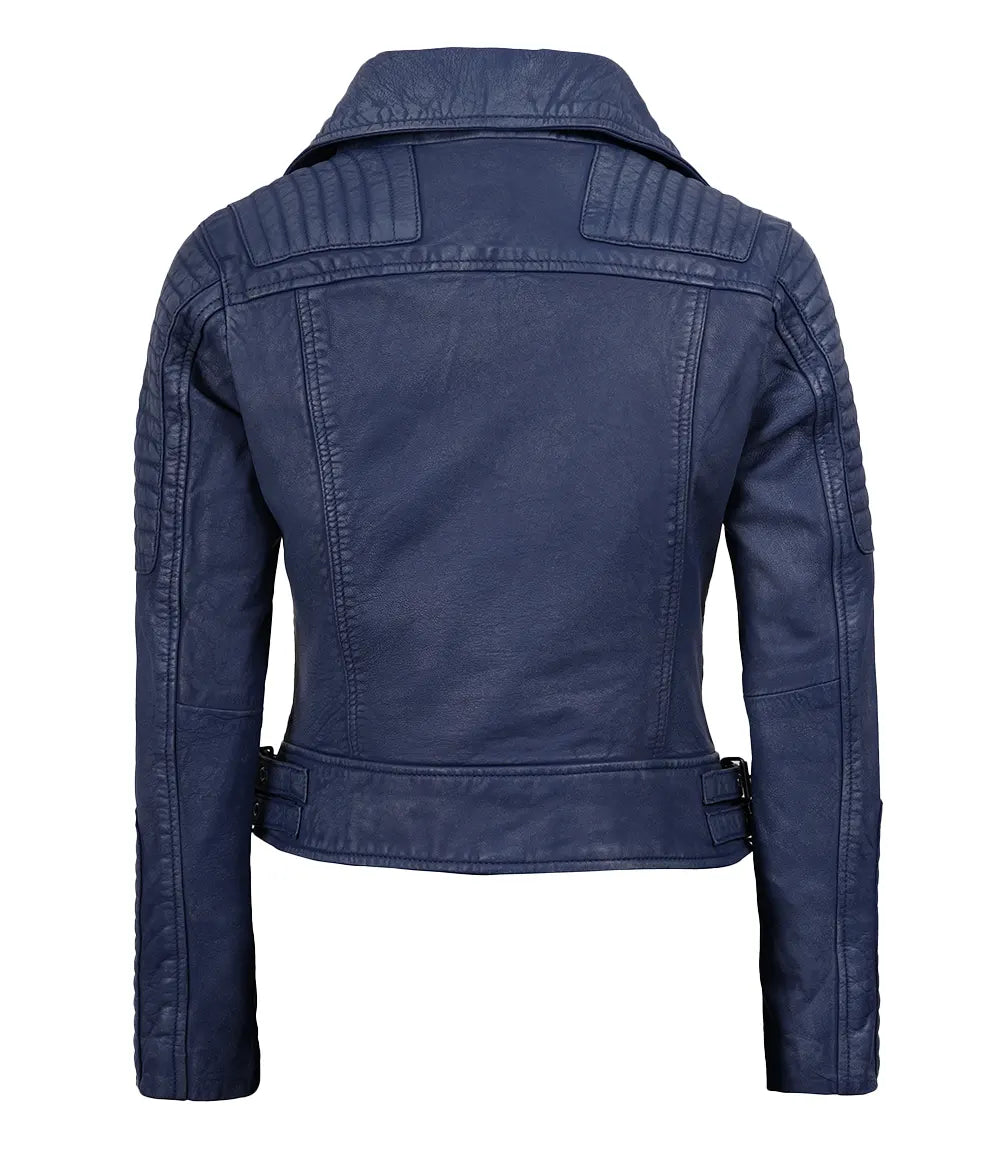 Women's Blue Washed Asymmetrical Leather Biker Jacket