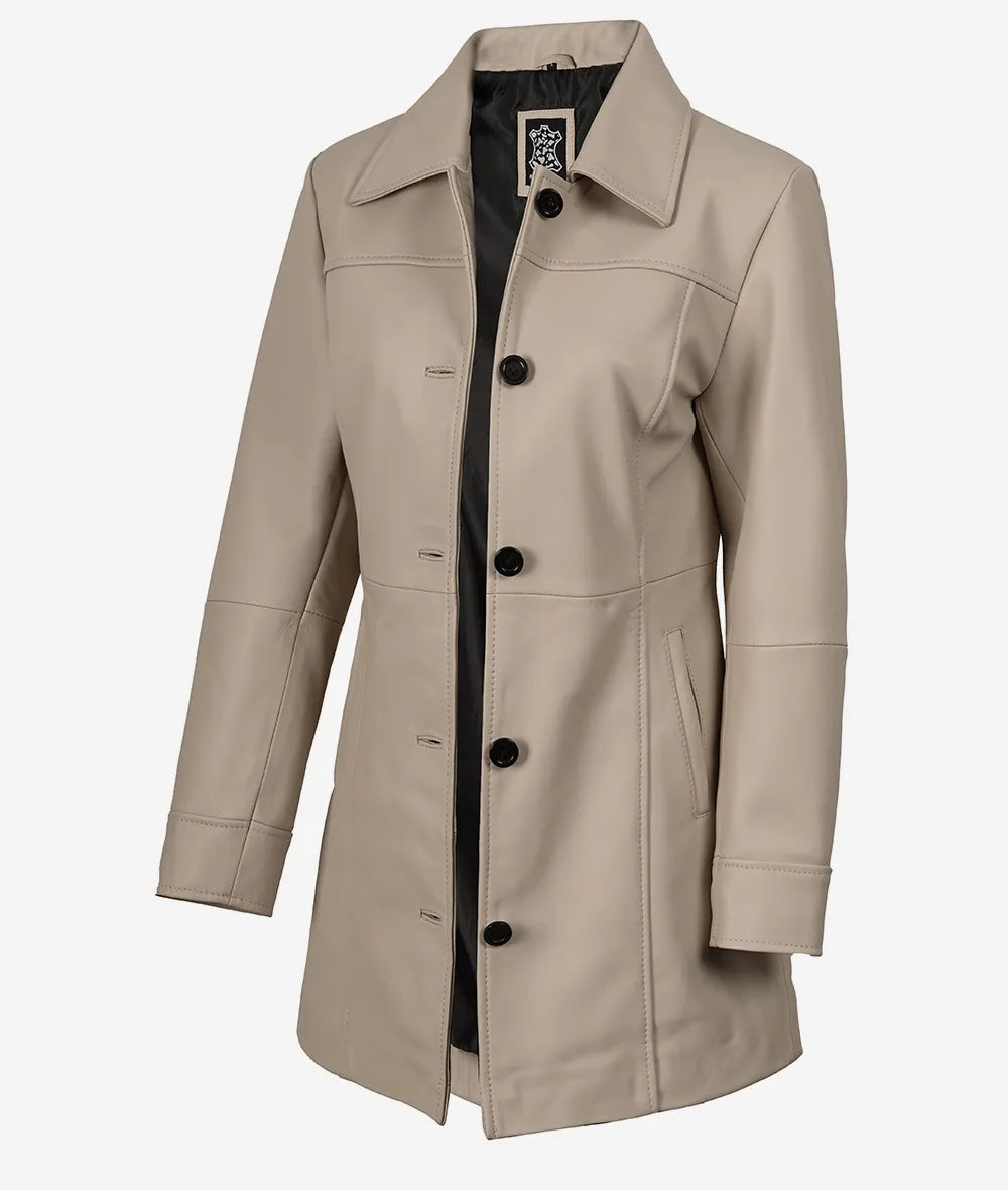Women's Real Lambskin Leather 3/4 Length Beige Coat
