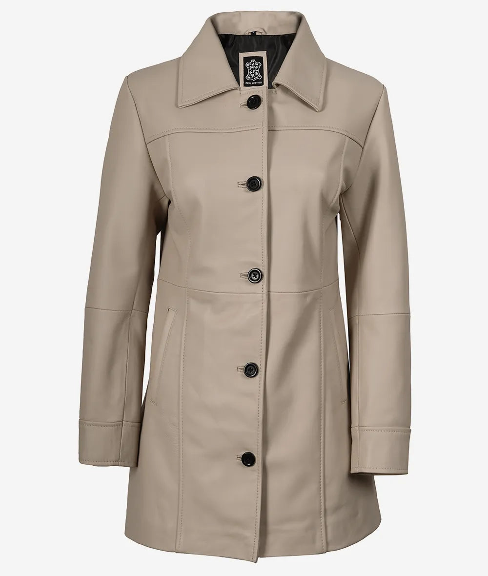 Women's Real Lambskin Leather 3/4 Length Beige Coat