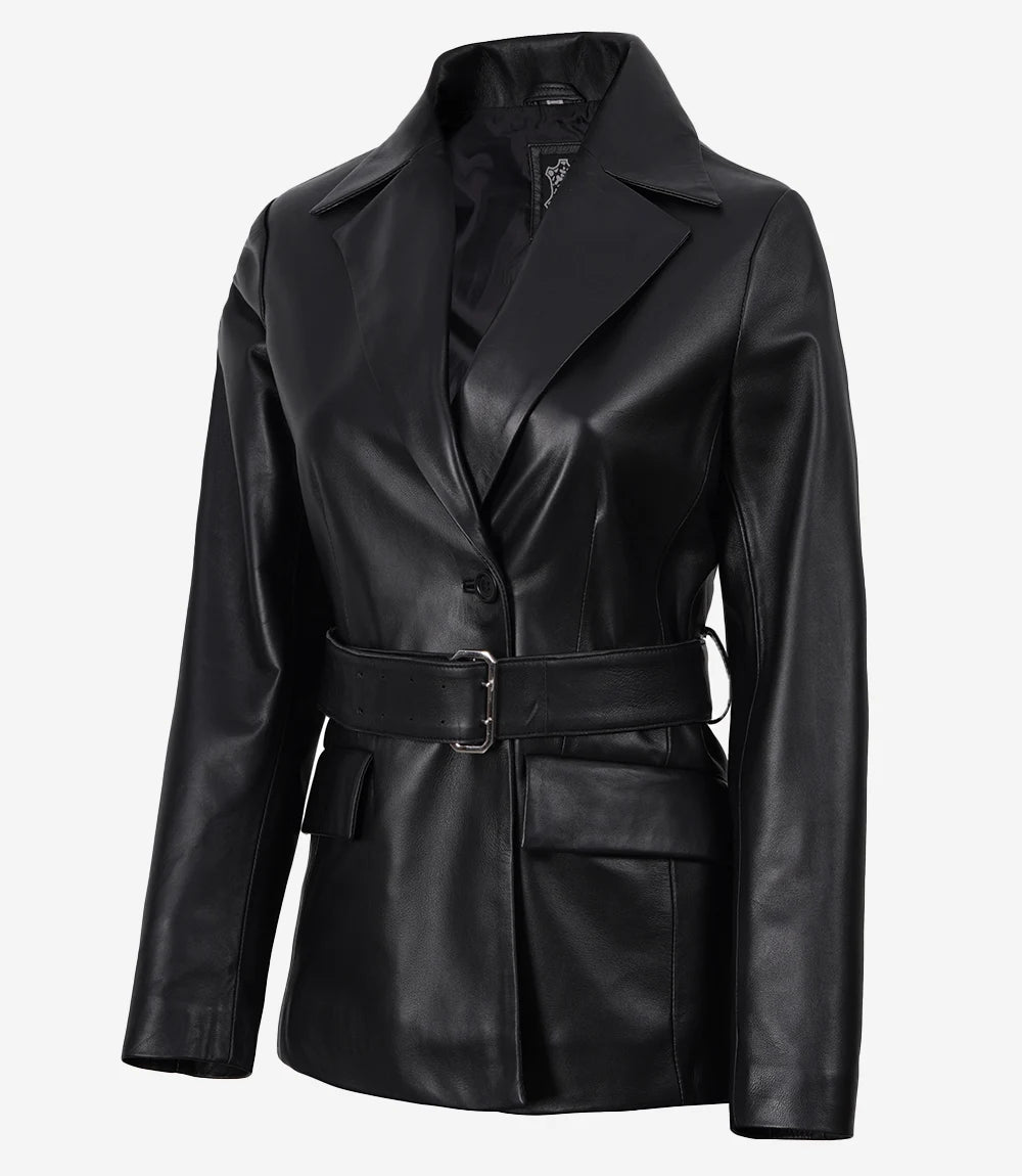 Women's Notch Lapel Belted Black Leather Blazer - Black - view 3