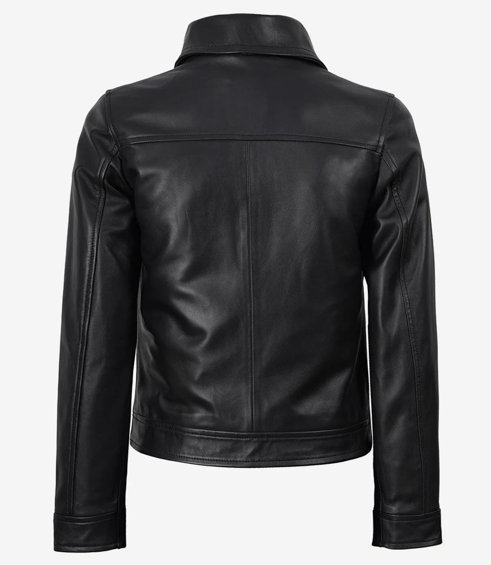 Women's Black Harrington Leather Jacket - Black - view 4