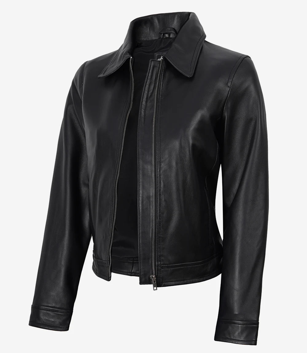 Women's Black Harrington Leather Jacket - Black