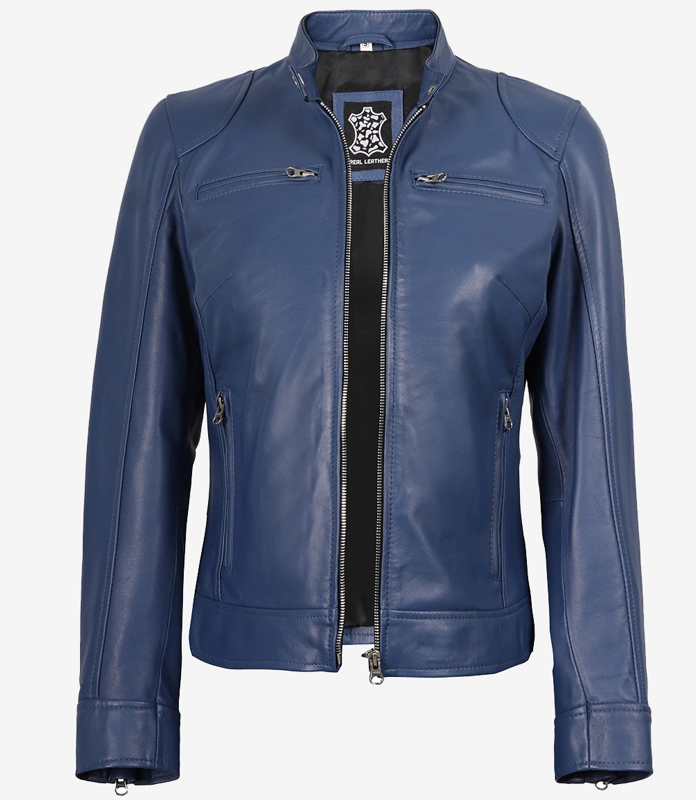 Womens Biker Racer Blue Leather Jacket