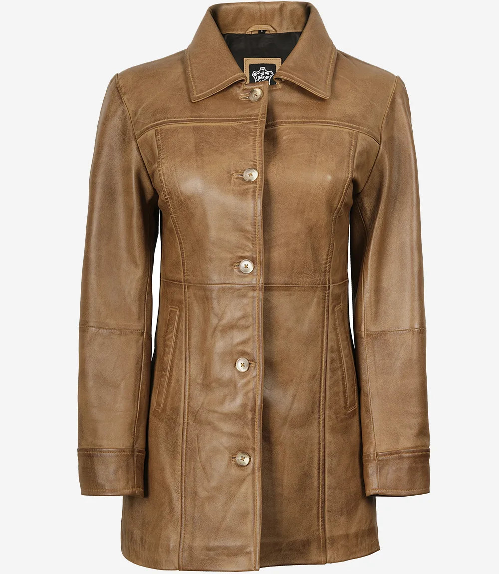 Womens Real Leather Camel Brown Coat