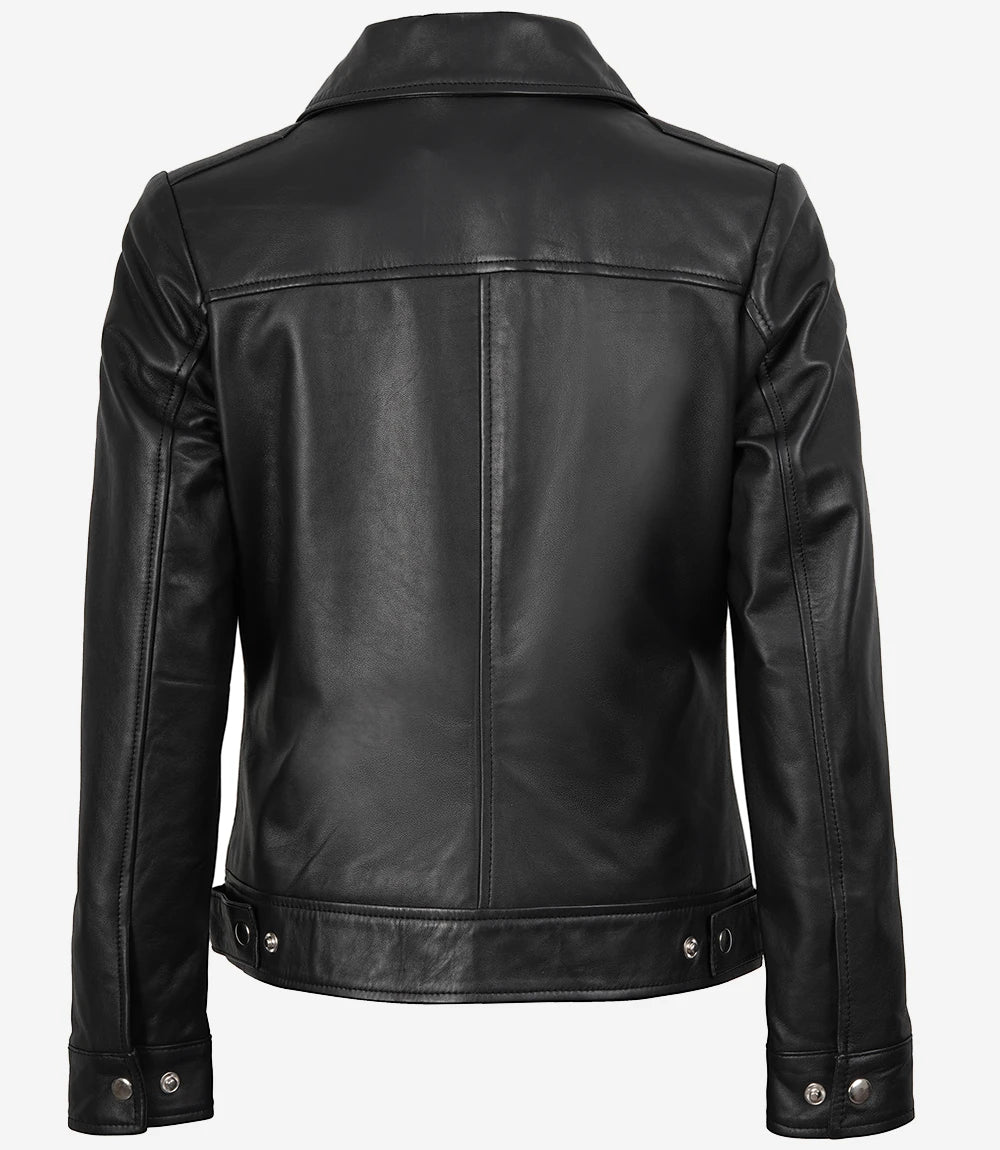 Womens Shirt Collar Black Leather Jacket