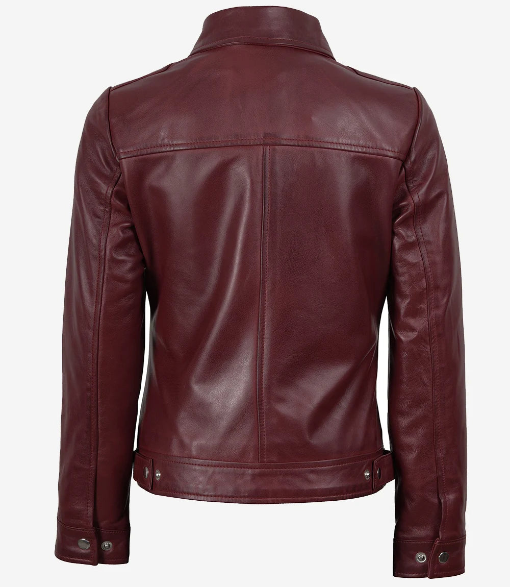 Womens Shirt Collar Maroon Leather Jacket