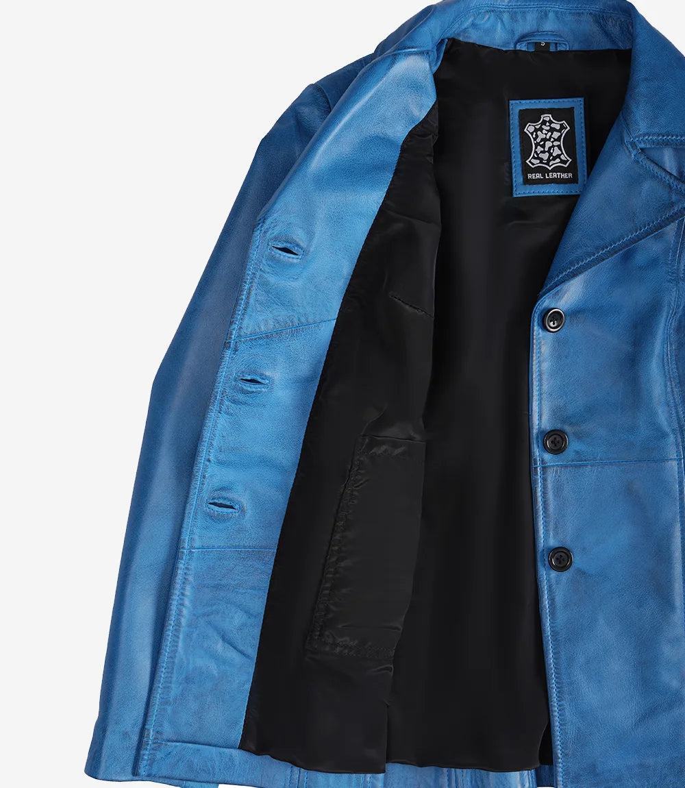 Womens Blue Waxed Leather Coat - Three Button