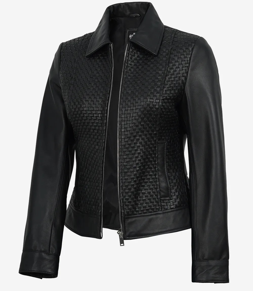 Jose Women's Black Shirt Collar Harrington Textured Leather Jacket