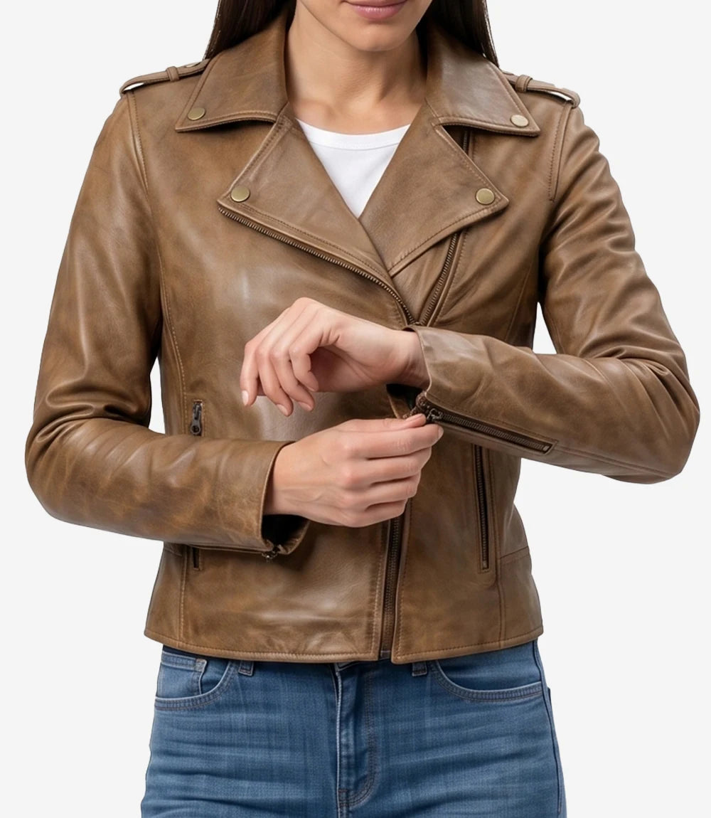 Women's Real Leather Camel Brown Biker Style Jacket